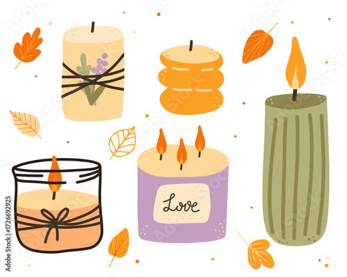 Various autumn Candles. Different shapes and sizes. Decorative fall wax candles with leaves and autumn elements. Vector illustration