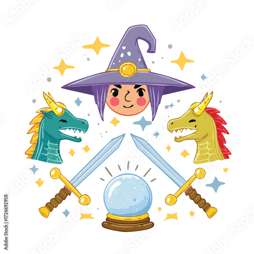 Whimsical fantasy adventure concept featuring a young sorcerer, twin dragons, magic swords, and a fortune-telling crystal ball