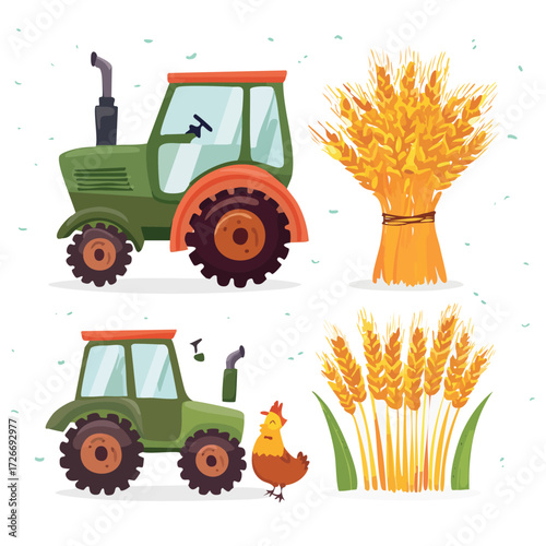 Vibrant cartoon illustration depicting a bustling farm scene with two green tractors, golden bundles of wheat, and a cheerful chicken, symbolizing agriculture, harvest, and rural life