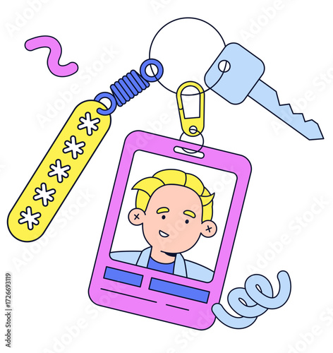 Keychain with ID card, password and key, Digital identity and access management, Identity verification for secure access