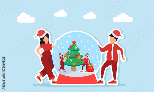 Man and woman in red outfits with Santa hats standing near Christmas tree decoration with mannequin illustration for holiday celebration appreciation