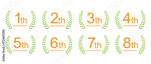 グリーンのリースの周年記念デザインセット（1周年, 2周年, 3周年, 4周年, 5周年, 6周年, 7周年, 8周年）