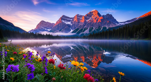 Scenic lake surrounded by mountains with reflections in the water