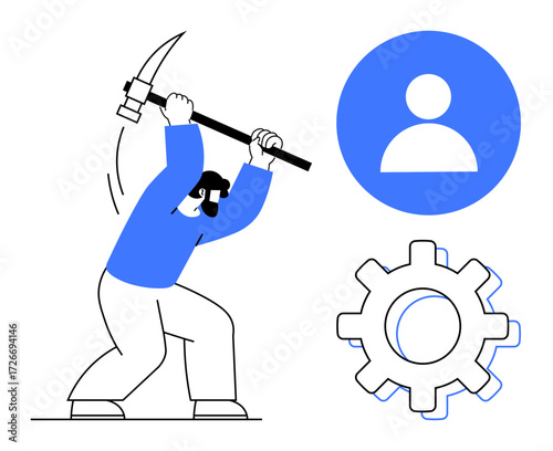 Worker swinging pickaxe, gear and user icon emphasizing hard work, teamwork, efficiency, and creation. Ideal for productivity, development, labor, industry collaboration user management