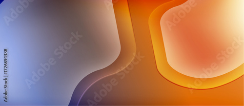 Abstract background features flowing shapes, gradients. Blue transitions into orange hues, creating soft visual effect. Smooth curves dominate composition.