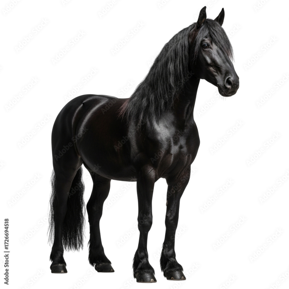 Obraz premium Black friesian horse standing isolated on transparent background
