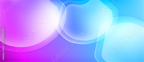 Abstract background features flowing shapes, vibrant purple, blue hues. Soft gradients create dynamic visual effect. Smooth transitions dominate composition.