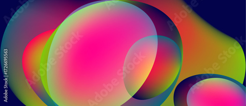 Abstract colorful overlapping circles. Vibrant gradients create dynamic visual effect. Dark background emphasizes bright hues.