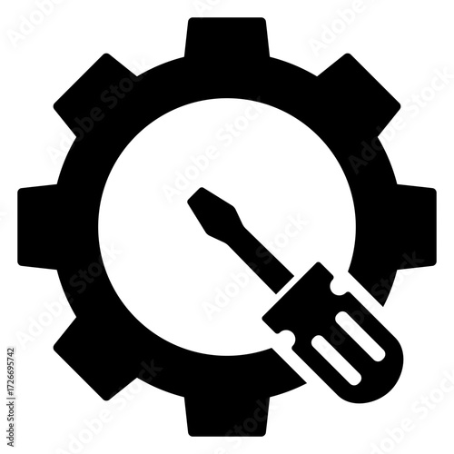 Logo maquinaria industrial. Icono engranaje con destornillador 