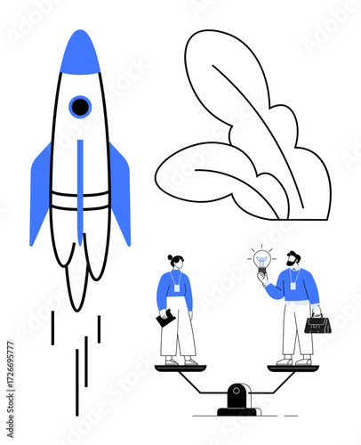 Rocket launching, plant leaves, teammates balancing on scales holding ideas. Ideal for innovation, teamwork, creativity, growth, equality leadership business solutions. Modern simple flat metaphor