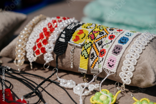 A variety of handmade bracelets made from beads and beads