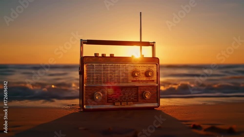 Vintage radio sunset beach ocean waves