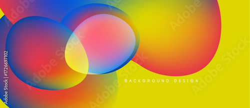 Vibrant abstract design features overlapping colorful circles. Yellow backdrop complements red, orange, blue gradients. Modern aesthetic.