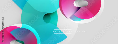 Abstract shapes, vibrant colors, flowing lines create modern design. Pink, turquoise dominate composition, white background provides contrast.