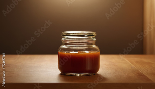 Sauce jar mockup with rich orange sauce on wooden table  