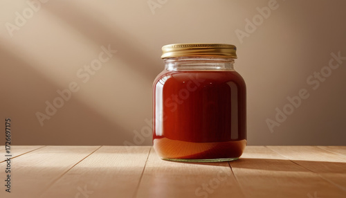 Sauce jar mockup with brown sauce on wooden table in soft light  