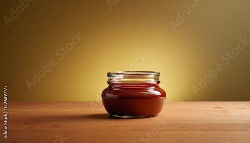 Sauce jar mockup on wooden table with warm background lighting  