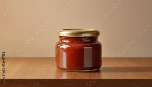 Sauce jar mockup on wooden table with simple background  