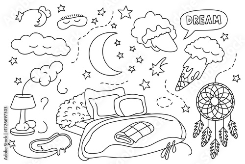 Sweet Dreams Doodle Illustration Featuring Bed Moon Stars and Dreamcatcher in Whimsical Style Perfect for Coloring Pages