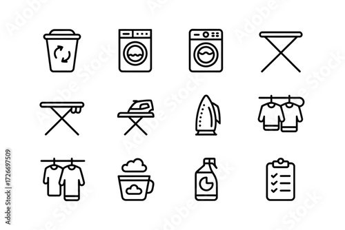 Laundry and Cleaning Icon Set Modern Minimalist Design Featuring Washing Machine Iron and Laundry Detergent for Website Mobile App and Graphic Design