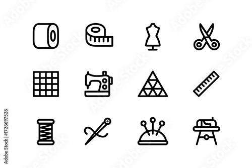 Sewing and Tailoring Icons Set Minimalist Style Design with Dressmaker Mannequin Bobbin and Handcraft Equipment Fashion Illustration Creative Project Tools