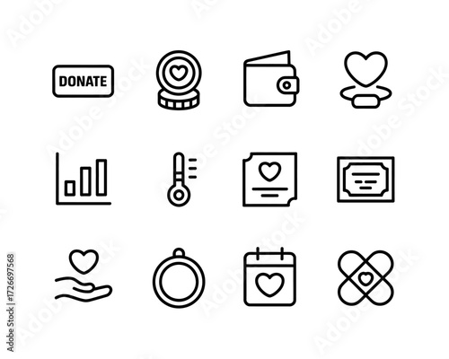 Charity and Donation Line Icons Collection for Generosity Fundraising and Volunteer Work with Hearts and Financial Symbols