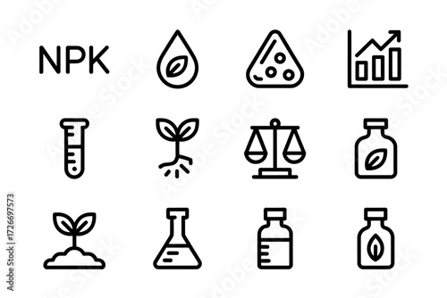 Agricultural Nutrient Icons for Sustainable Farming Practices and Soil Health Improvement Line Drawing Style Symbols Representing Scientific Agriculture