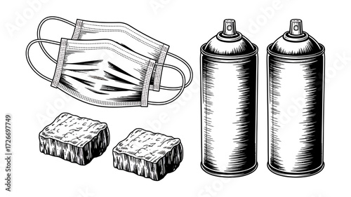 Essential Art Supplies for Street Artists Illustration with Face Masks and Sponges for Unique Graffiti Effects