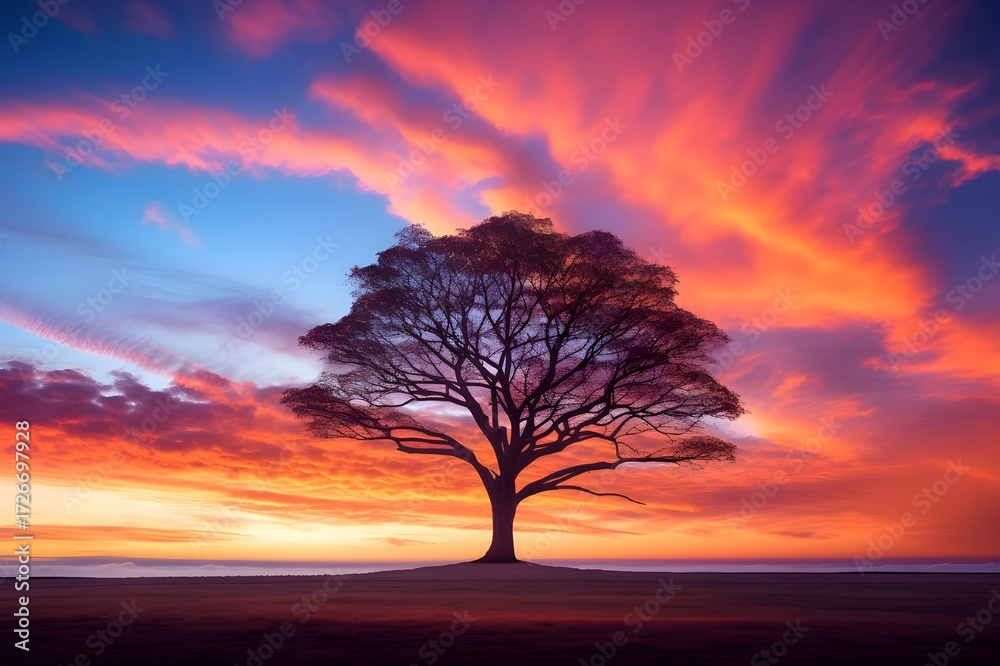 Fototapeta premium Striking Silhouette of a Lone Tree Against a Vibrant Sunset Sky, Its Branches Reaching Toward the Heavens in a Breathtaking Display of Strength and Serenity — Captured in Stunning 8K Ultra-High-Resolu