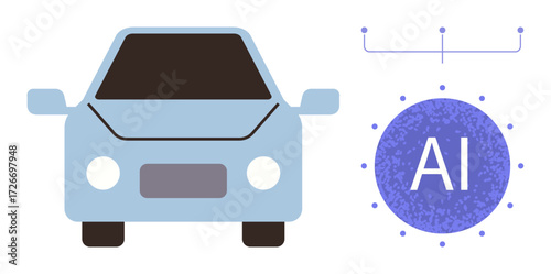 Light blue car icon with connection lines and purple AI graphic denoting autonomous driving. Ideal for technology, innovation, transportation, artificial intelligence, automation, future mobility