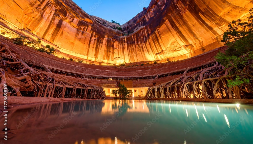 Obraz premium Reflective Pool Illuminated by Golden Light Within a Natural Canyon