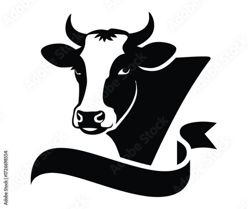 Black and white cow head logo vector illustration, minimal farm animal design for branding
