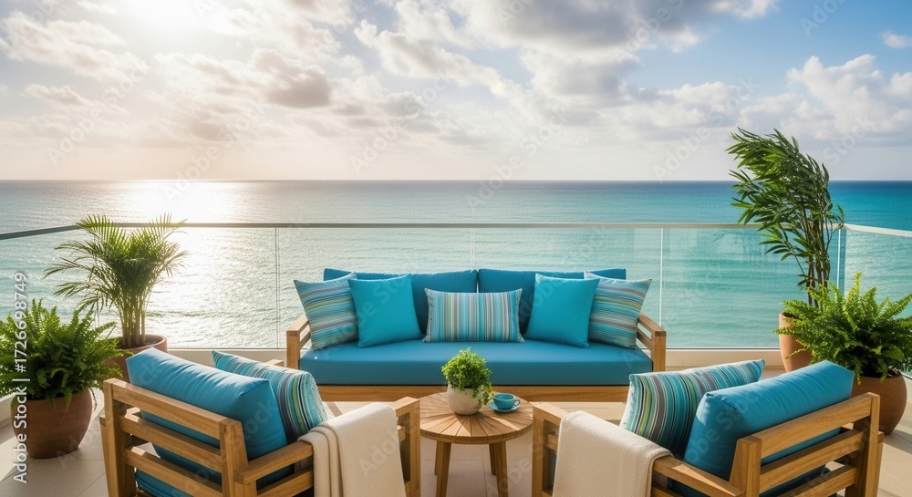 Fototapeta premium Serene oceanfront balcony with stylish outdoor furniture and a calming turquoise seascape provides
