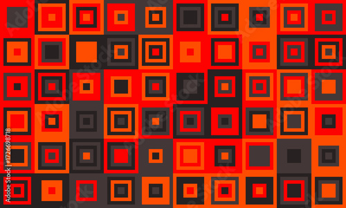 Vibrant geometric pattern of squares in bold red, orange, and dark gray.  A dynamic, modern design ideal for backgrounds, website banners, or textile prints.