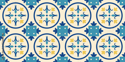 Maroccan traditional seamless pattern. Mediterranean geometric background. Turkish, Tunissian, Portuguese eclectic motif. Arabic interior design. Vector illustration.