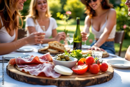A lifestyle photo of friends enjoying antipasto platters outdoors during a casual picnic
