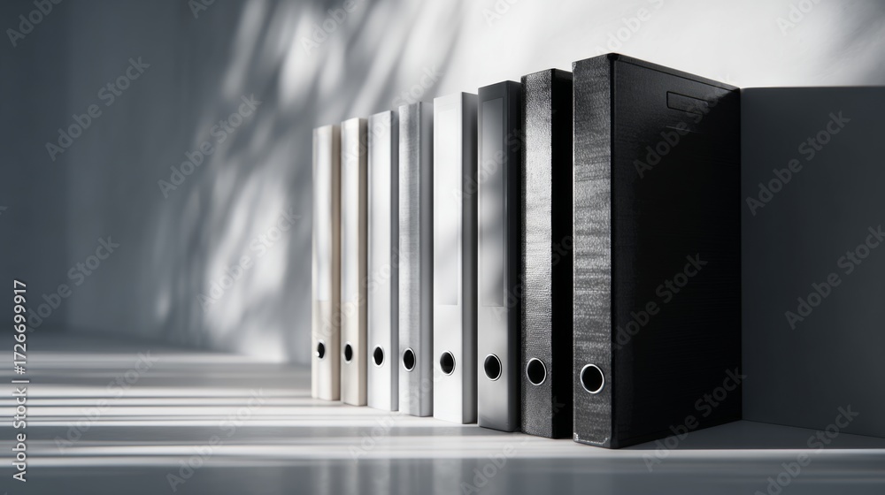 Obraz premium A minimalistic arrangement of eight folders in varying shades of white and black, casting soft shadows on a sleek surface.