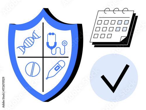 Shield divided into quadrants with medical icons, calendar, and checkmark. Ideal for health coverage, medical planning, healthcare assurance, safety, wellness vaccination and reliability. Simple