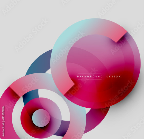 Abstract colorful overlapping circles create dynamic visual effect. Gradient shades blend smoothly, forming modern design element.