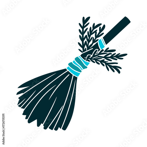 Herbal Broom Icon with Thyme and Rosemary Herb Bound Broom rustic broom tied with a bundle of dried herbs thyme rosemary at its bristles