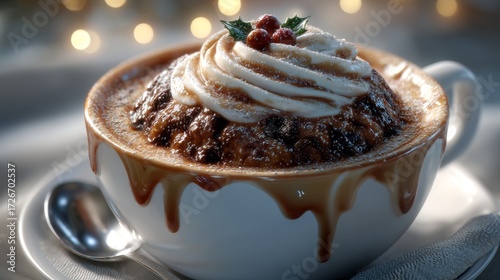 A tempting dessert featuring rich chocolate cake topped with creamy frosting and festive berries in a cozy setting.