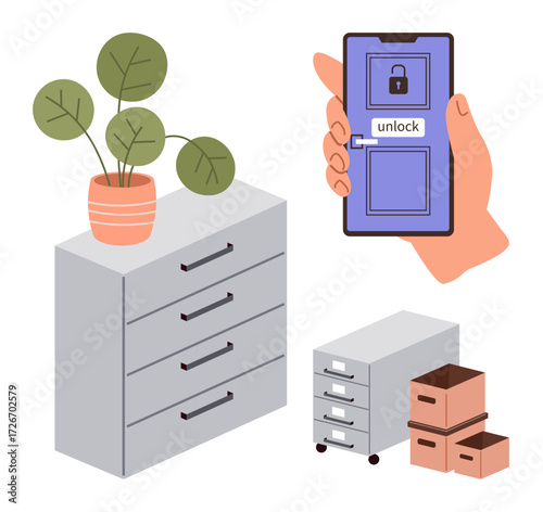 Hand holding smartphone unlocking secure file cabinet, with additional cabinets, storage boxes, and plant nearby. Ideal for security, technology, organization, storage, digital access productivity