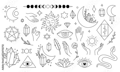 Set of hand drawn line art mystical magic elements. Spiritual celestial witchcraft collection. Esoteric doodle tattoo symbols, moon, crystal, feather, moth, tarot, snake, hand. Vector illustration EPS