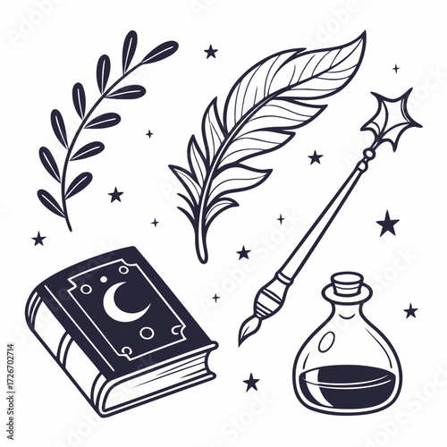 Enchanting witch s spell book potion bottle and magic wand silhouette design