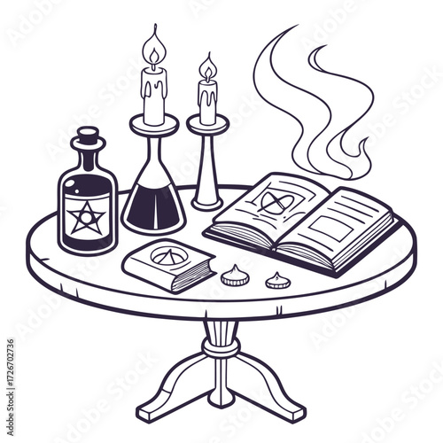 Mystical witch s table laden with bubbling potions candles and arcane ingredients for magic