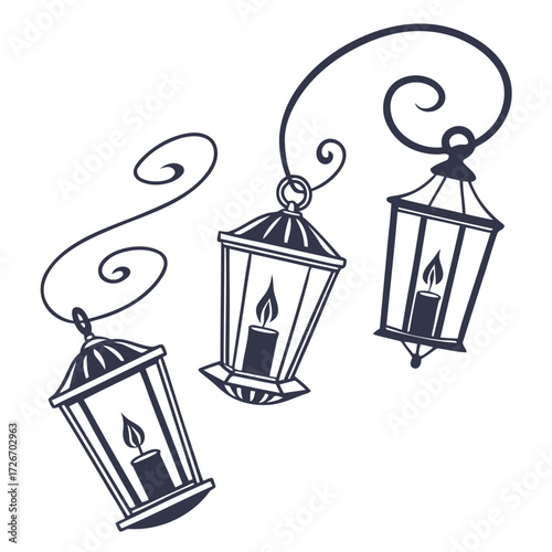 Three ethereal glowing spectral lanterns illuminating a dark mystical night scene