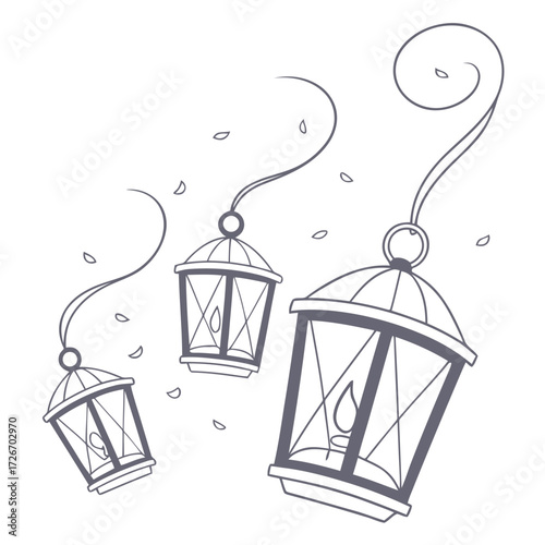 Three ethereal glowing ghostly lanterns floating in the dark with flickering light