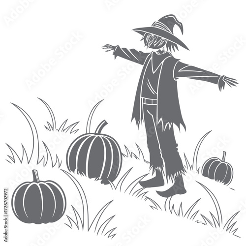 Spooky scarecrow with tattered clothes standing in a pumpkin patch at night