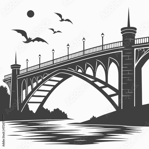 Mysterious old bridge shrouded in fog over a river with ethereal flying creatures