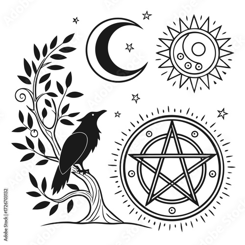 Mystical witch circle with pentagram and lunar phases for occult and esoteric designs